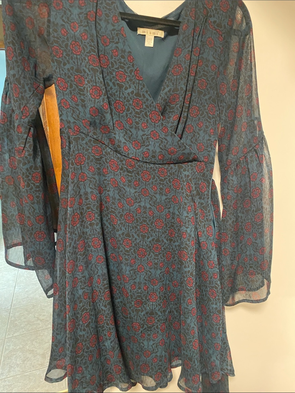 MIA Blue Floral Wrap Dress with Red Rose Motif